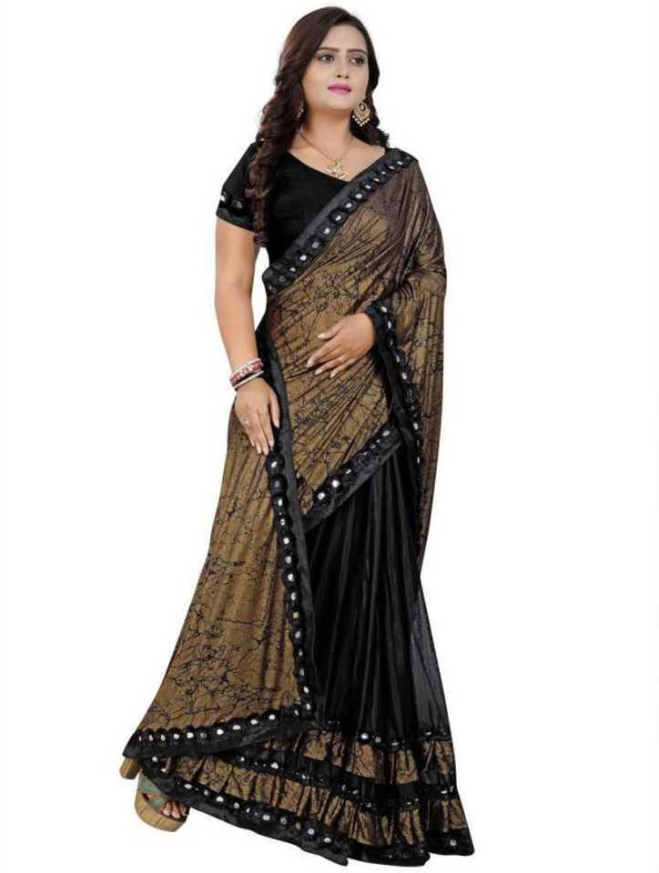 Kanjivaram Silk Saree - Tassar, Cotton Silk, Floral Print, Black Crepe | Unstitched Blouse, Jacquard Lace Border, Glamorous Party Wear