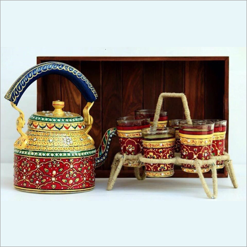 Hand Painted Tea Kettle Set With 6 Glasses - Metal Material | Durable Design, Artificial Style, New Condition
