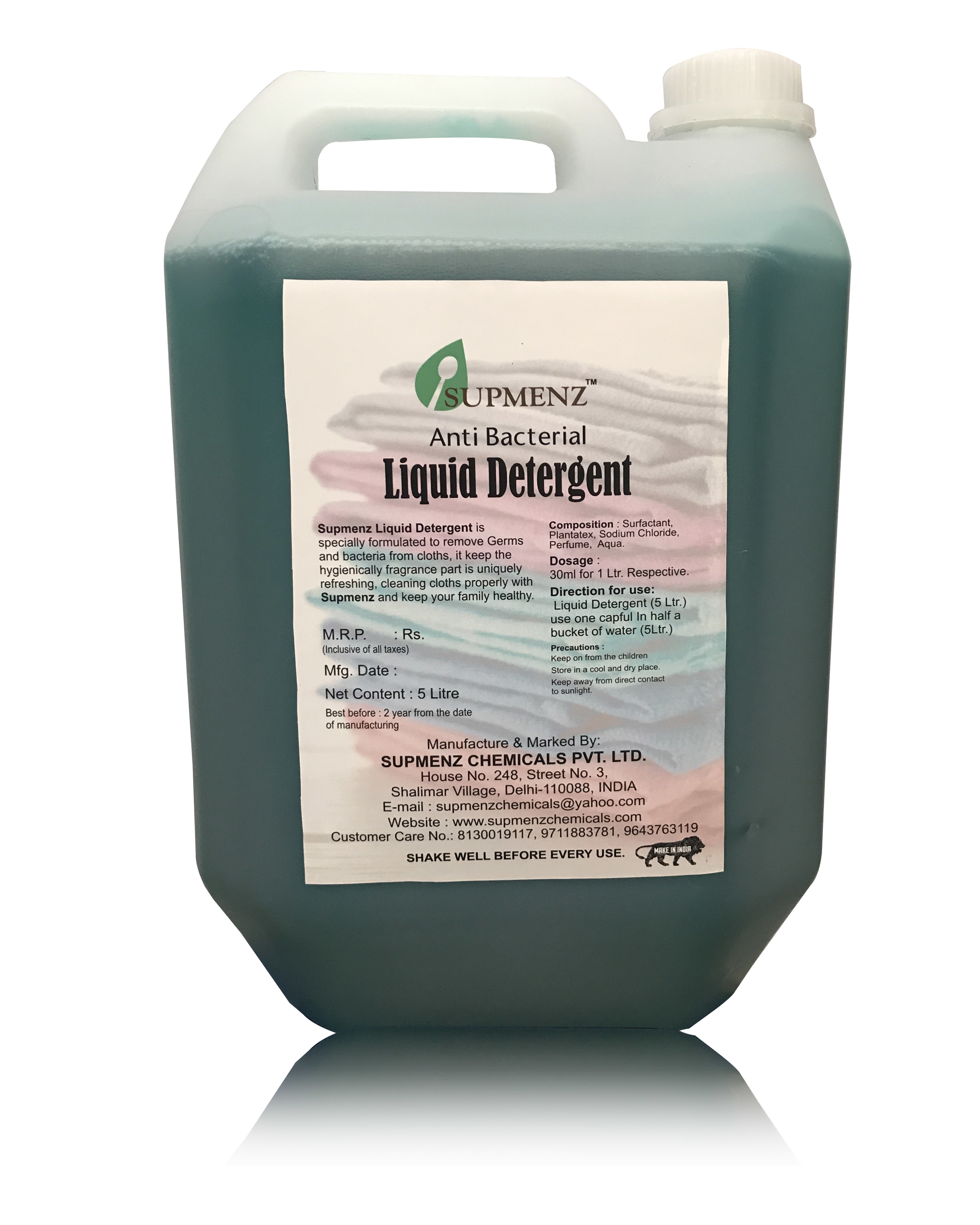 Liquid Detergent - 5 Liters, Green Color, 10% Concentration, Ph Level 7-8 | Floral Scent, Ideal For Laundry, Dishwashing, And General Cleaning