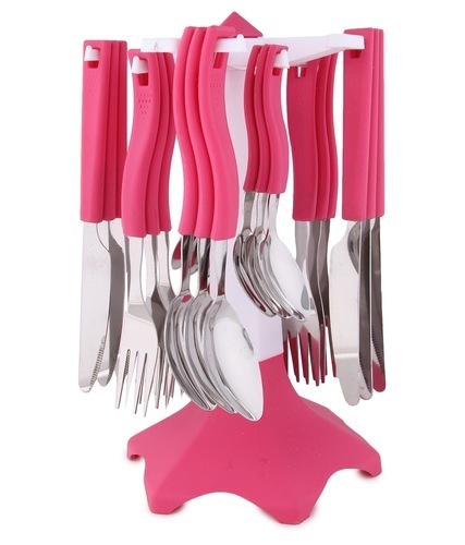 Plastic Cutlery Set - Virgin Plastic And Stainless Steel, Pink Color , 24 Pcs Set With Dinner Spoons, Forks, Butter Knives, Dishwasher Safe