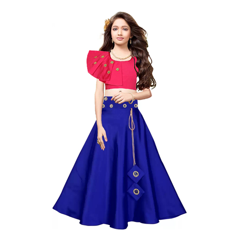 Kids Lehenga Silk Fabric, Size 20-36, Pink-blue Color