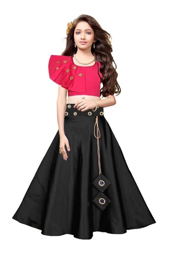 Kids Self Design Lehenga Choli - Silk Fabric, Semi-Stitched Fit Up To 44", Pink-Black Color, 44 Inches Length, Flared Style | Age 2-15 Years, Sleeveless Choli, Mirror Embellishment, Dry Clean Only