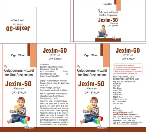 Cefpodoxime - 50 MG Dry Syrup with 30 ML Water, Available with 200 MG and 100 MG Tablets