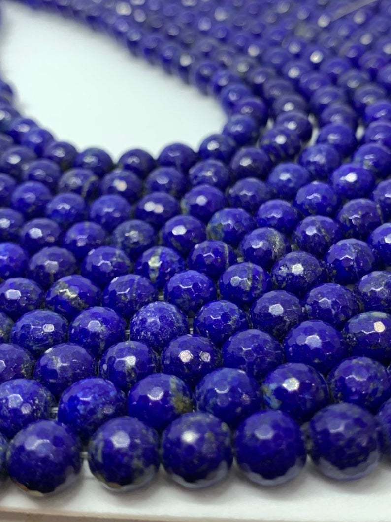 Top Quality Natural Lapis Lazuli - 7.5-8mm Round Faceted Beads | Aaa Grade, Brilliant Cut, Rich Blue Color