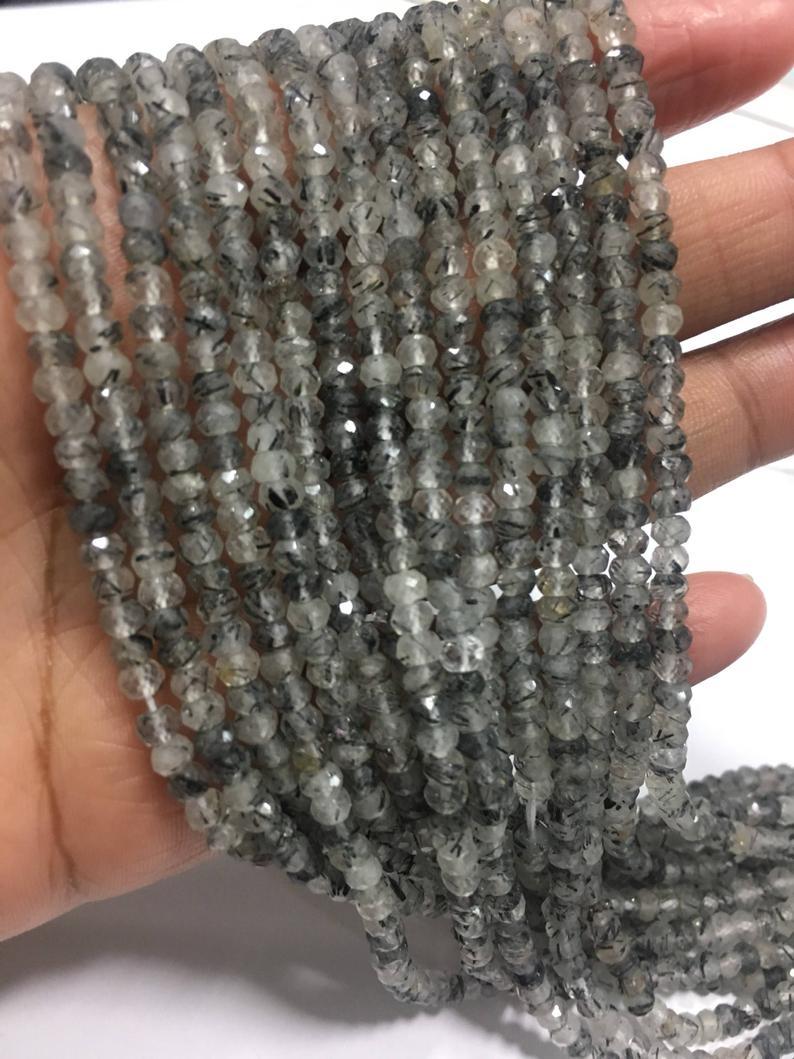 Black Rutile Micro Faceted 4mm Rondelle Beads ,13 Inch Strand,pack Of 4 Strands