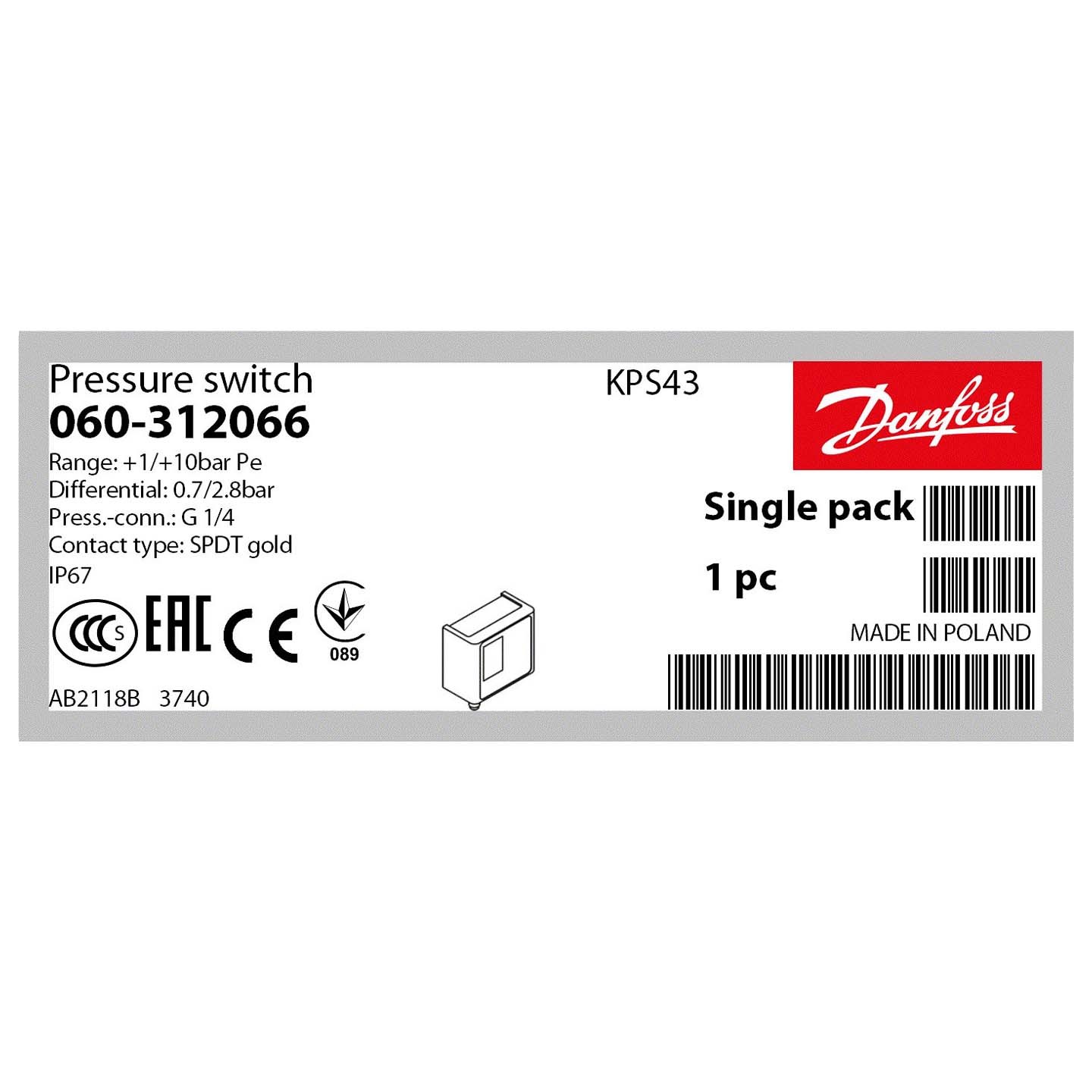 Danfoss Kps 43 Pressure Switch - New, Gray | Industrial Power Station Optimized, Reliable Performance
