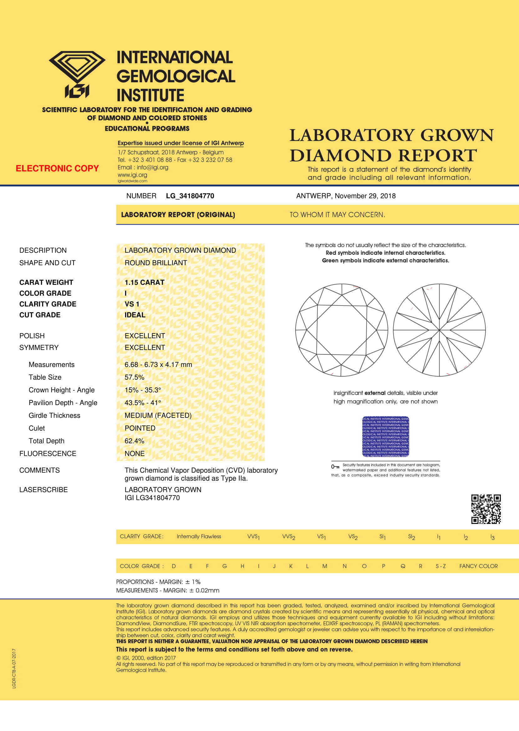 Cvd Diamond 1.15ct I Vs1 Round Brilliant Cut Igi Certified Stone