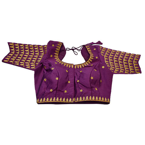 Ladies Designer Blouse - Silk Material, Purple Color | Half Sleeves, Round Neck, Embroidered Embellishment, Hook and Eye Closure