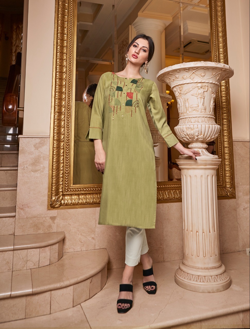 Slub Silk Rayon Long Fancy Kurti - Fabric: Slub Silk Rayon, Size: S-3xl, Sleeve Style: 3-4th | Features: Quick Dry, Washable, Cool Dry, Custom Logo, Casual & Formal Wear