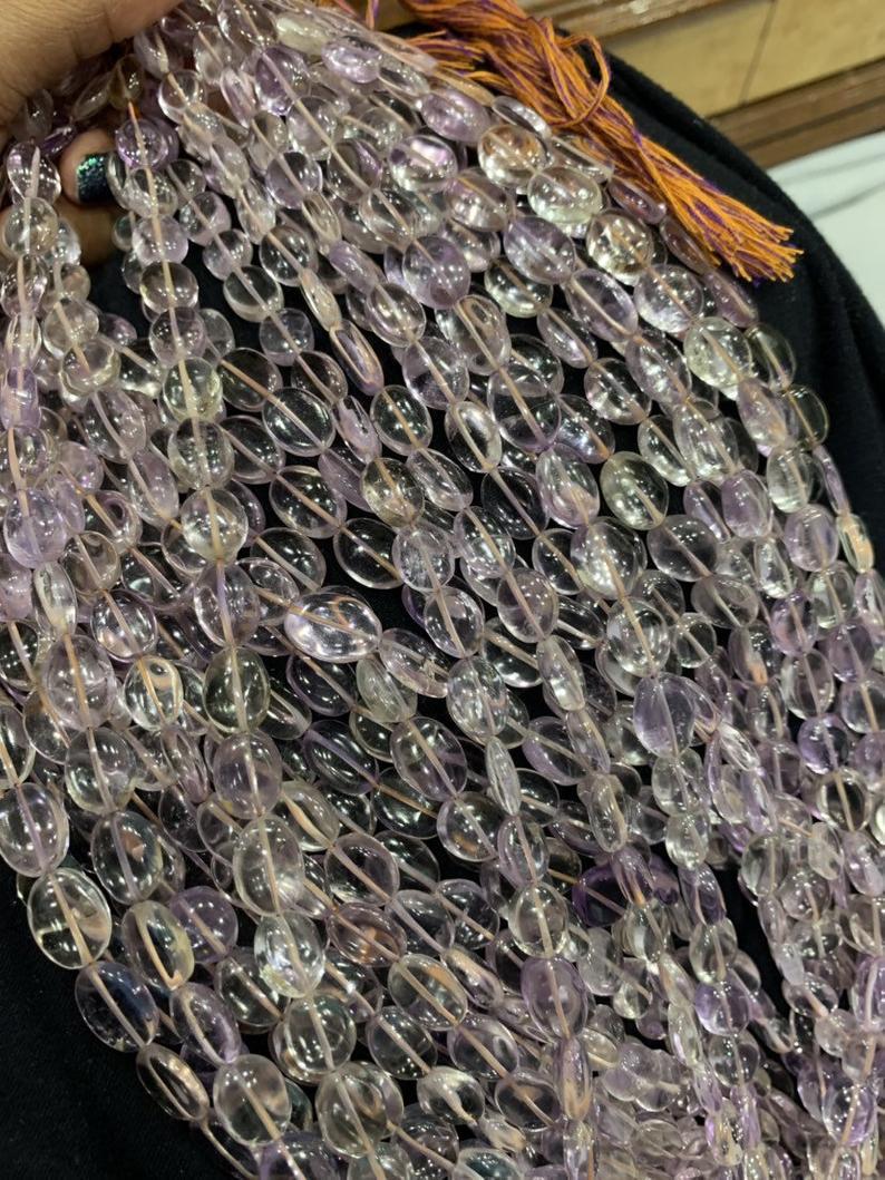 Ametrine Beads - 13 Inch Length With 9/12mm Oval Shape | Natural Ametrine, Grade A, Smooth White Stone
