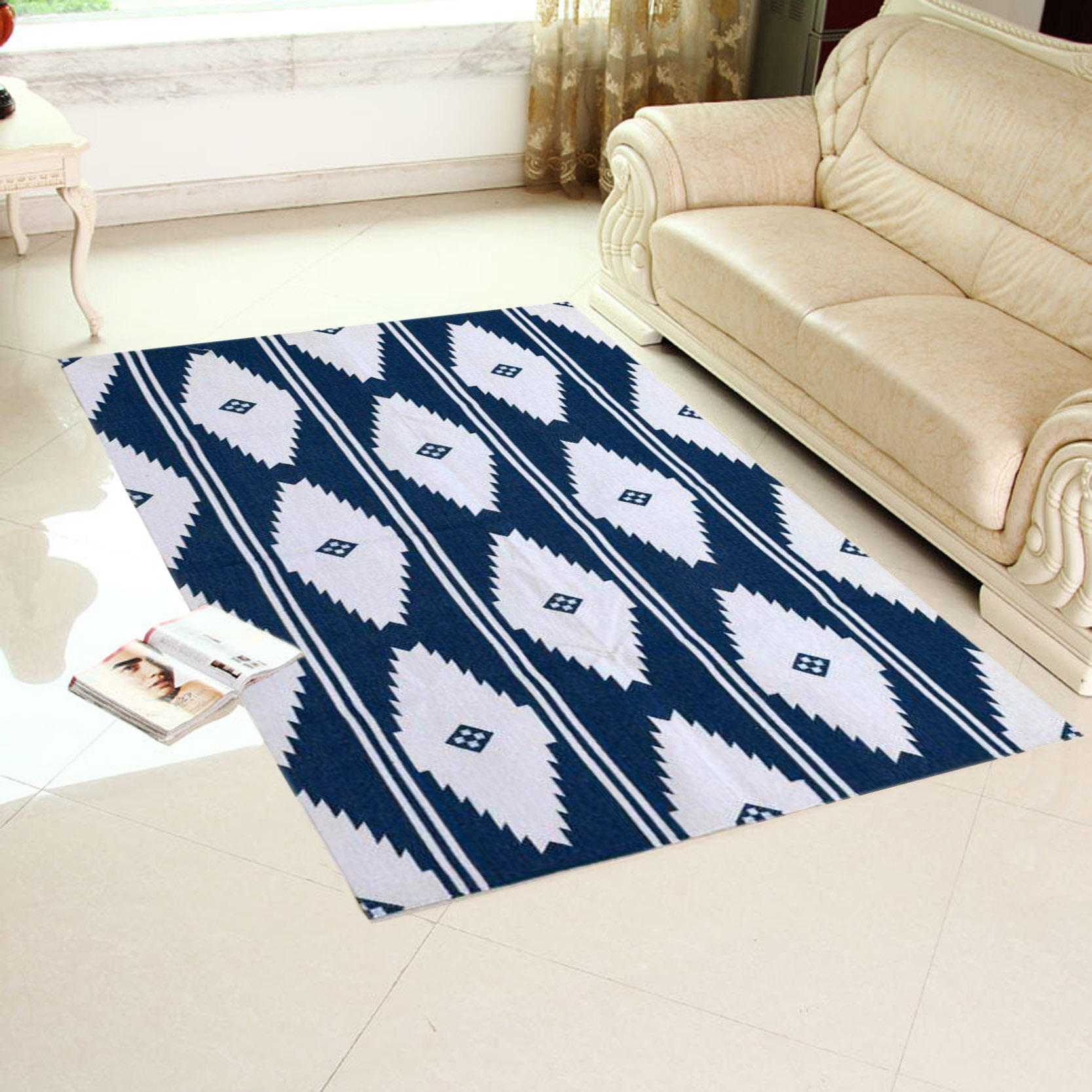 Blue Handmade Cotton Flat Weave Rug