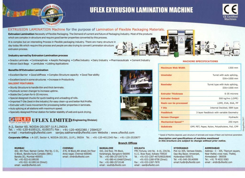 Uflex Extrusion Lamination Machine - 1000mm Dia. X 1300mm Width Ac Servo Motor With Digital Drive Automatic Tension Control System Heavy Duty Steel Frame Dual Direction Cutter