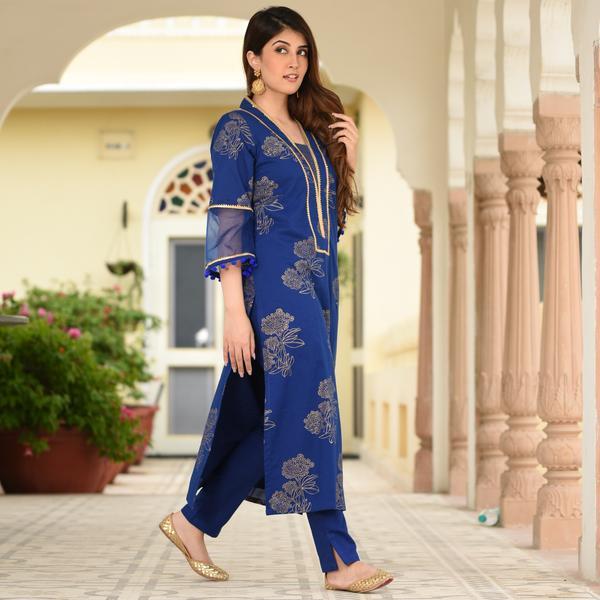 Gold & Gota Work Palazzo Suit - Rayon 14kg Fabric, Length 46 Inch, Blue Color, Sizes S-xxl, 3/4 Sleeve, Full Party Wear Ensemble, Traditional Indian Ethnic Wear