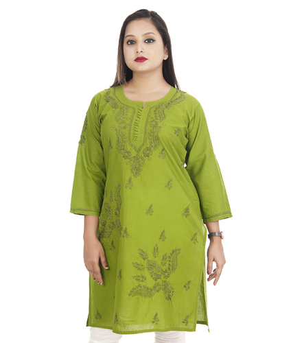 Lucknowi Chikan Kurti - Cotton Material, Knee Length, Green Color, 3/4th Sleeve, Embroidered with Ghas-patti Stitch | Perfect for Formal and Informal Wear