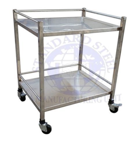Mortuary Instrument Trolley - Stainless Steel, 60l X 45w X 80h Cm, 2 Tier Design, 50 Kg Load Capacity, Three Shelves, Ss Railing, 100 Mm Swivel Castors