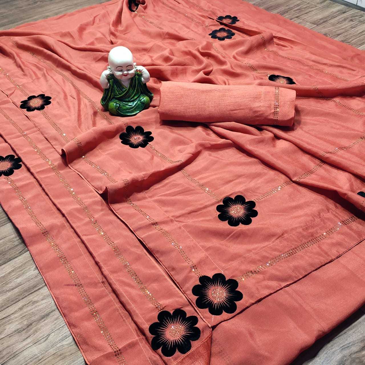 Vichitra Fabric Saree - 6.30 Mtr, Black With Dmc Diamond Work And Heavy Banglori Blouse, Silk Material