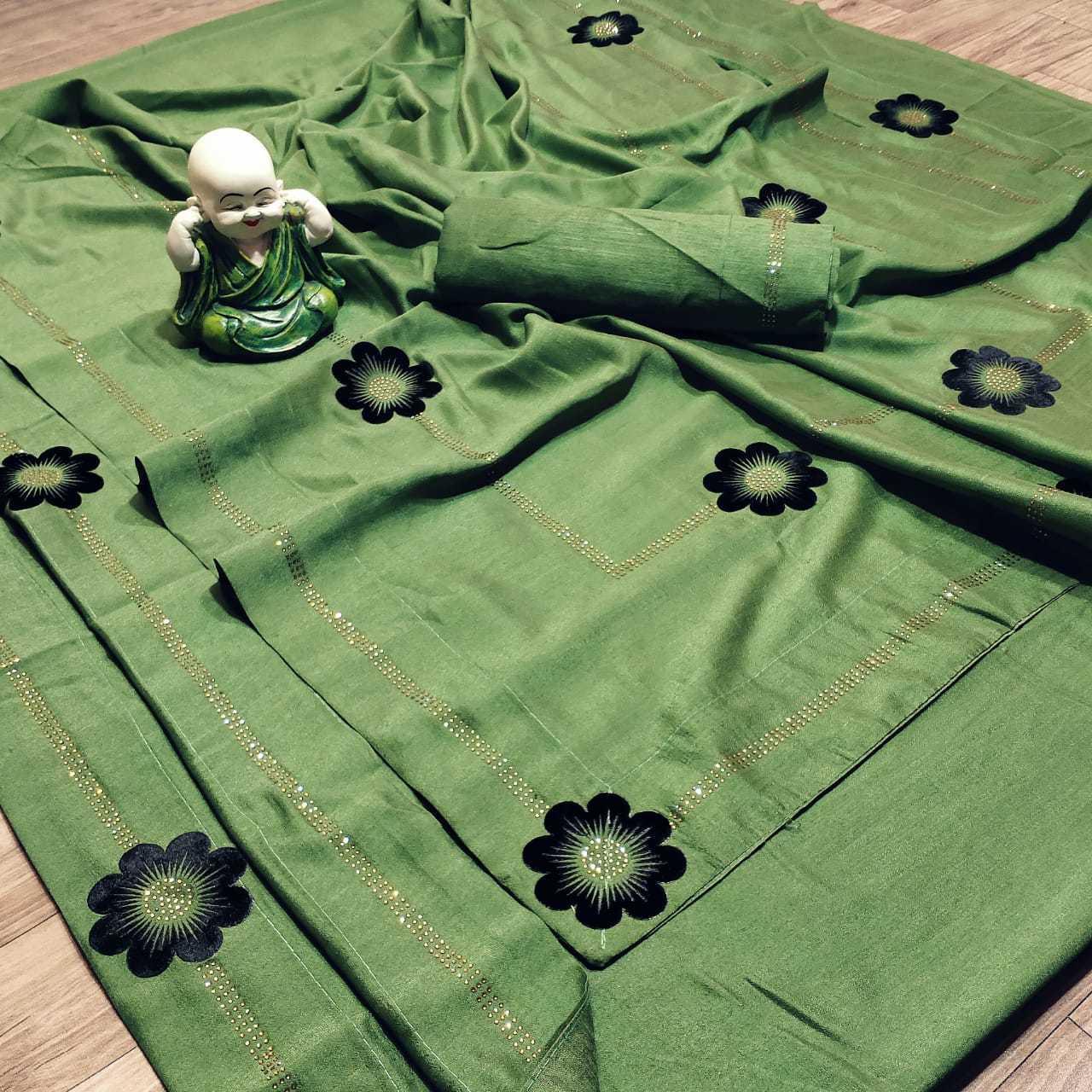 Vichitra Fabric Saree - 6.30 Mtr, Black With Dmc Diamond Work And Heavy Banglori Blouse, Silk Material