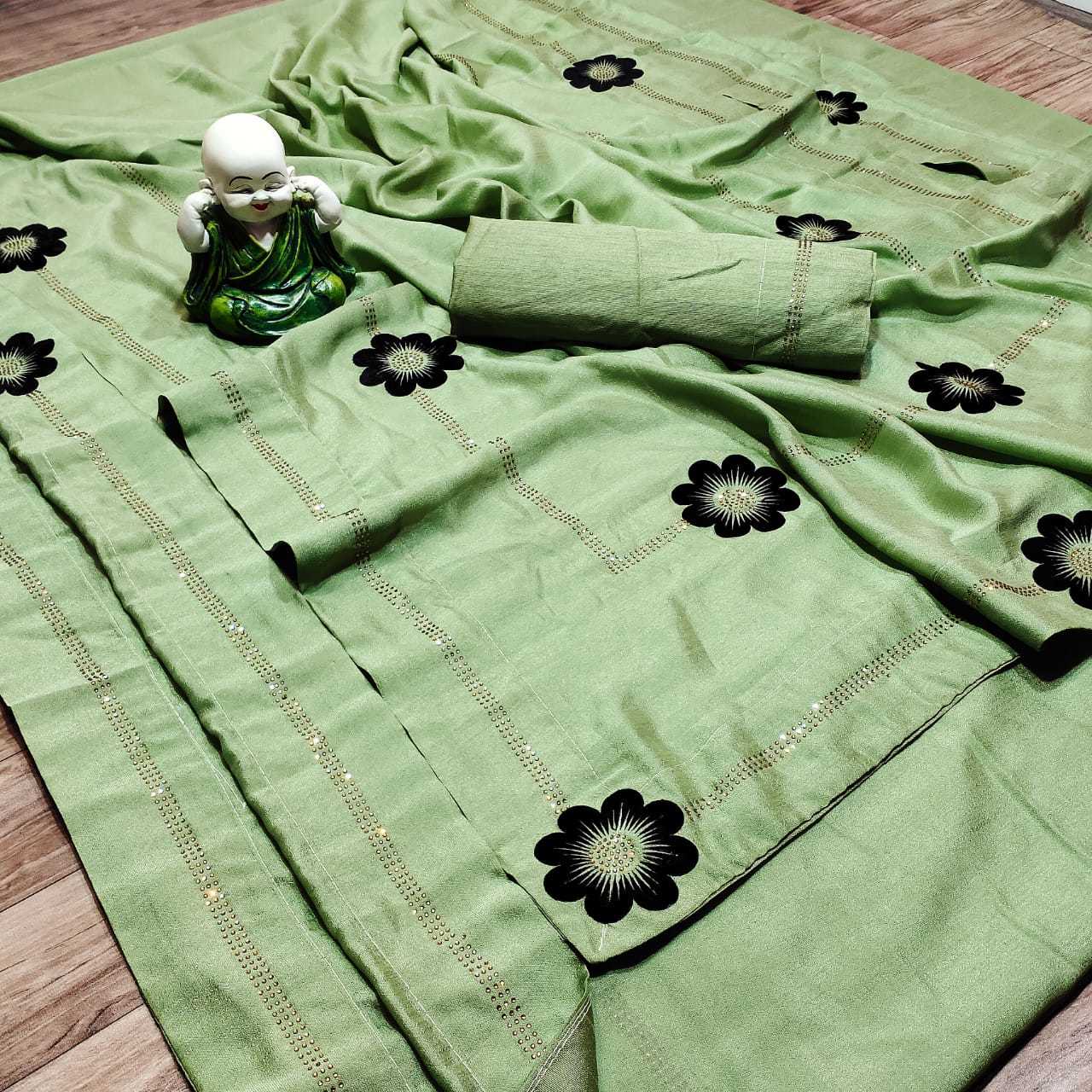 Vichitra Fabric Saree - 6.30 Mtr, Black With Dmc Diamond Work And Heavy Banglori Blouse, Silk Material