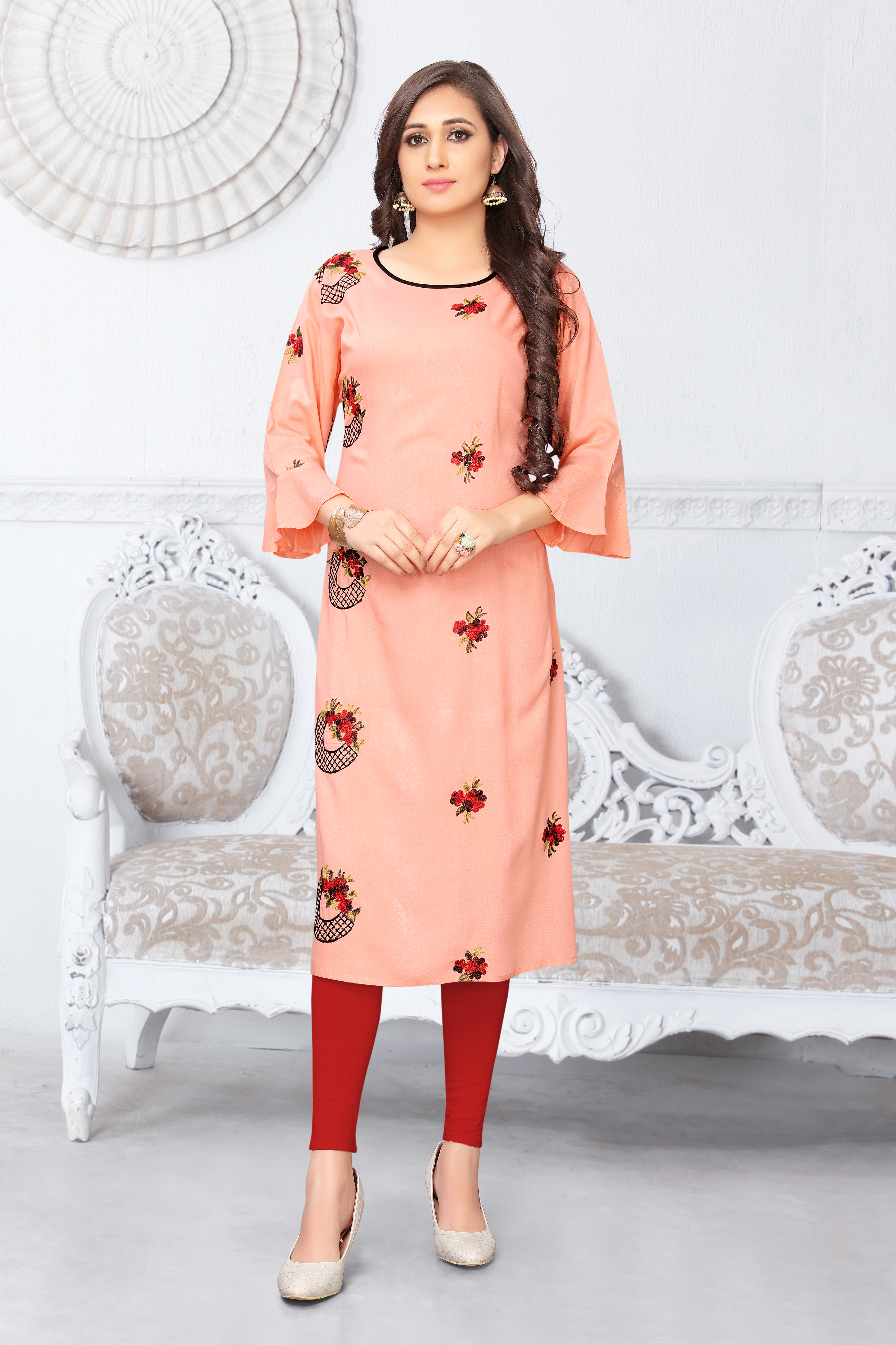 Kurti - Heavy Rayon Fabric, Length 44 Inch | Embroidered Pattern, Available In Black, Peach, Yellow, White, Grey, Navy Blue, 3-4th Sleeve Style, Sizes L-5xl