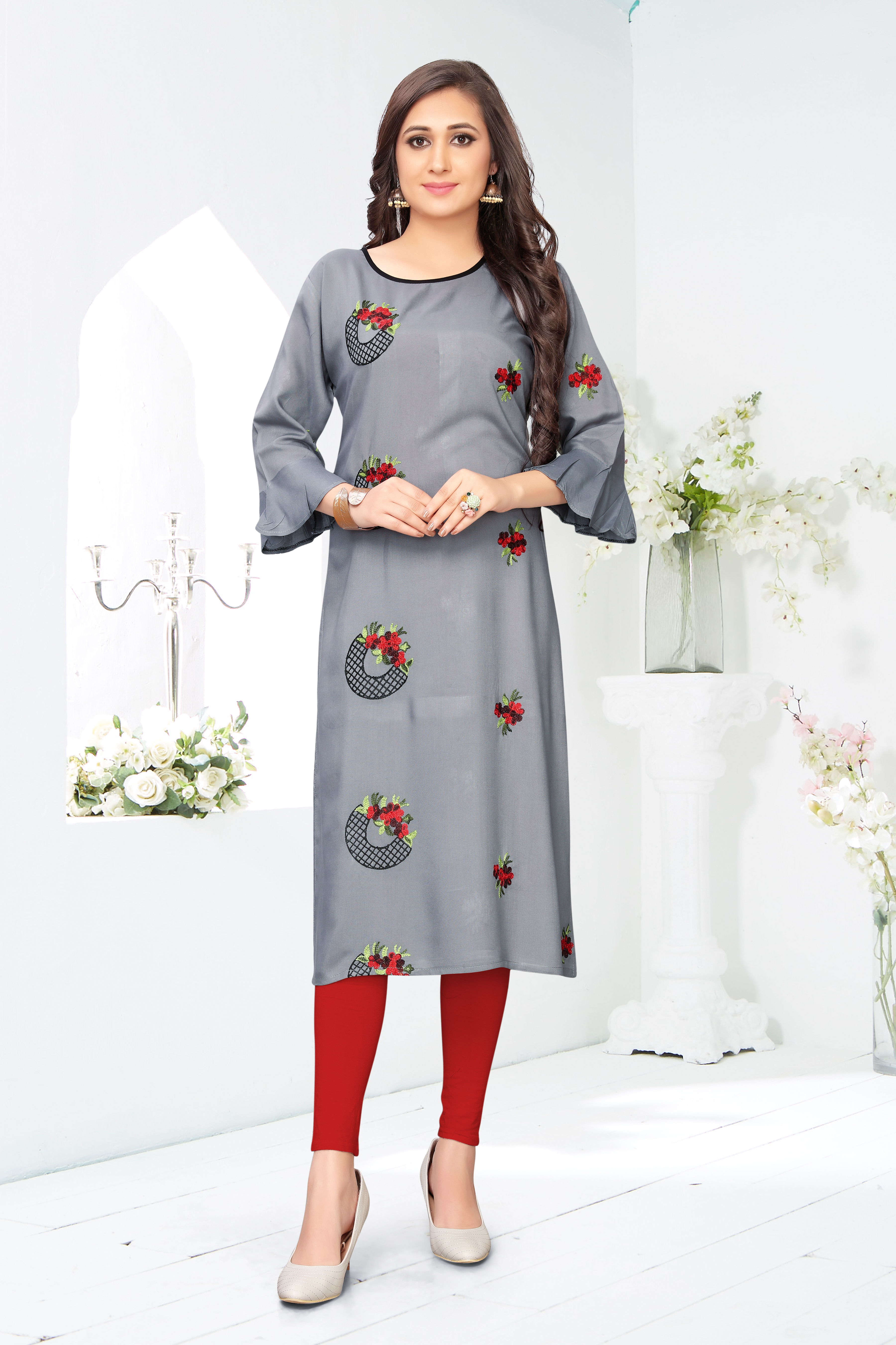 Kurti - Heavy Rayon Fabric, Length 44 Inch | Embroidered Pattern, Available In Black, Peach, Yellow, White, Grey, Navy Blue, 3-4th Sleeve Style, Sizes L-5xl