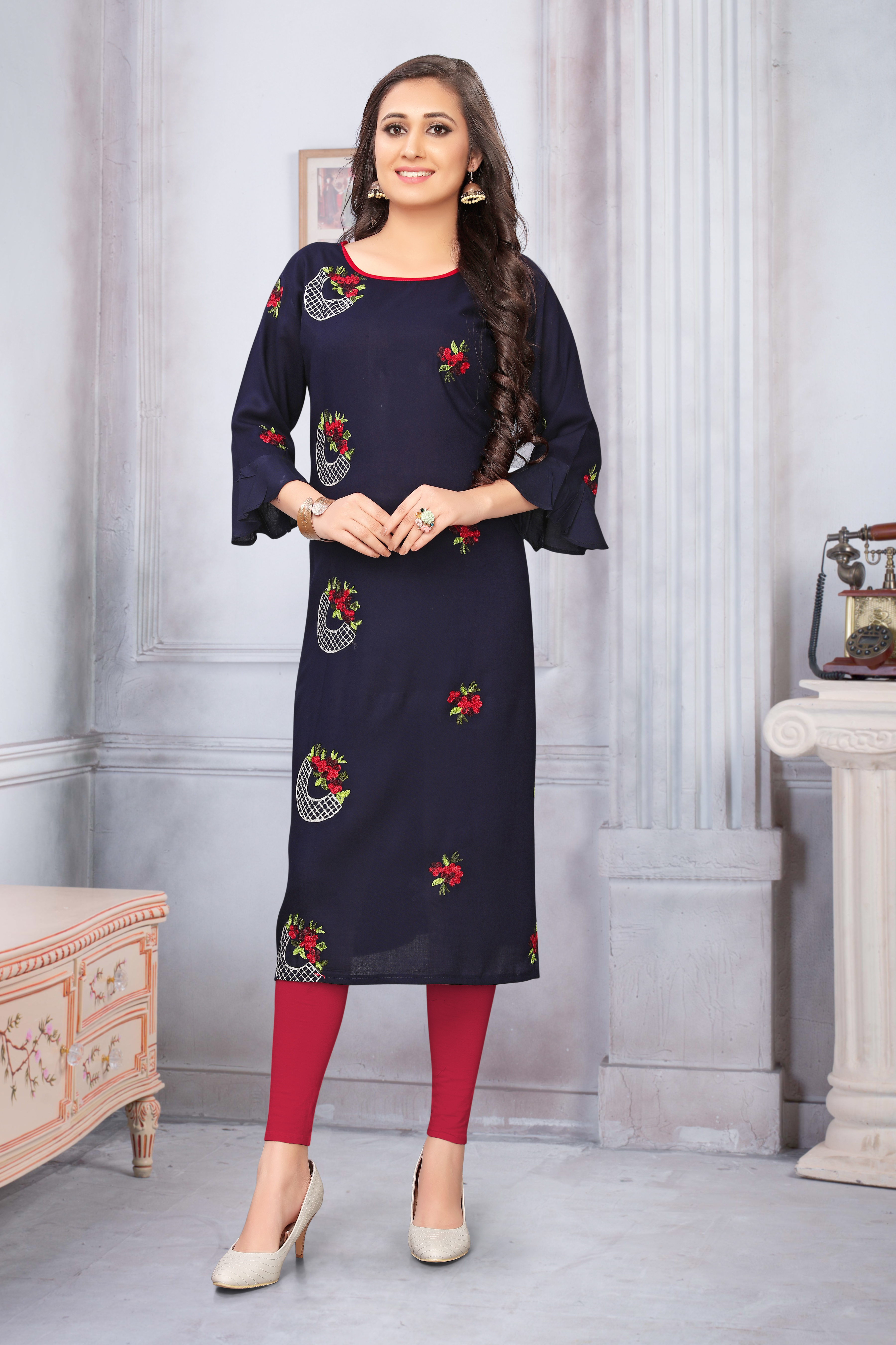 Kurti - Heavy Rayon Fabric, Length 44 Inch | Embroidered Pattern, Available In Black, Peach, Yellow, White, Grey, Navy Blue, 3-4th Sleeve Style, Sizes L-5xl