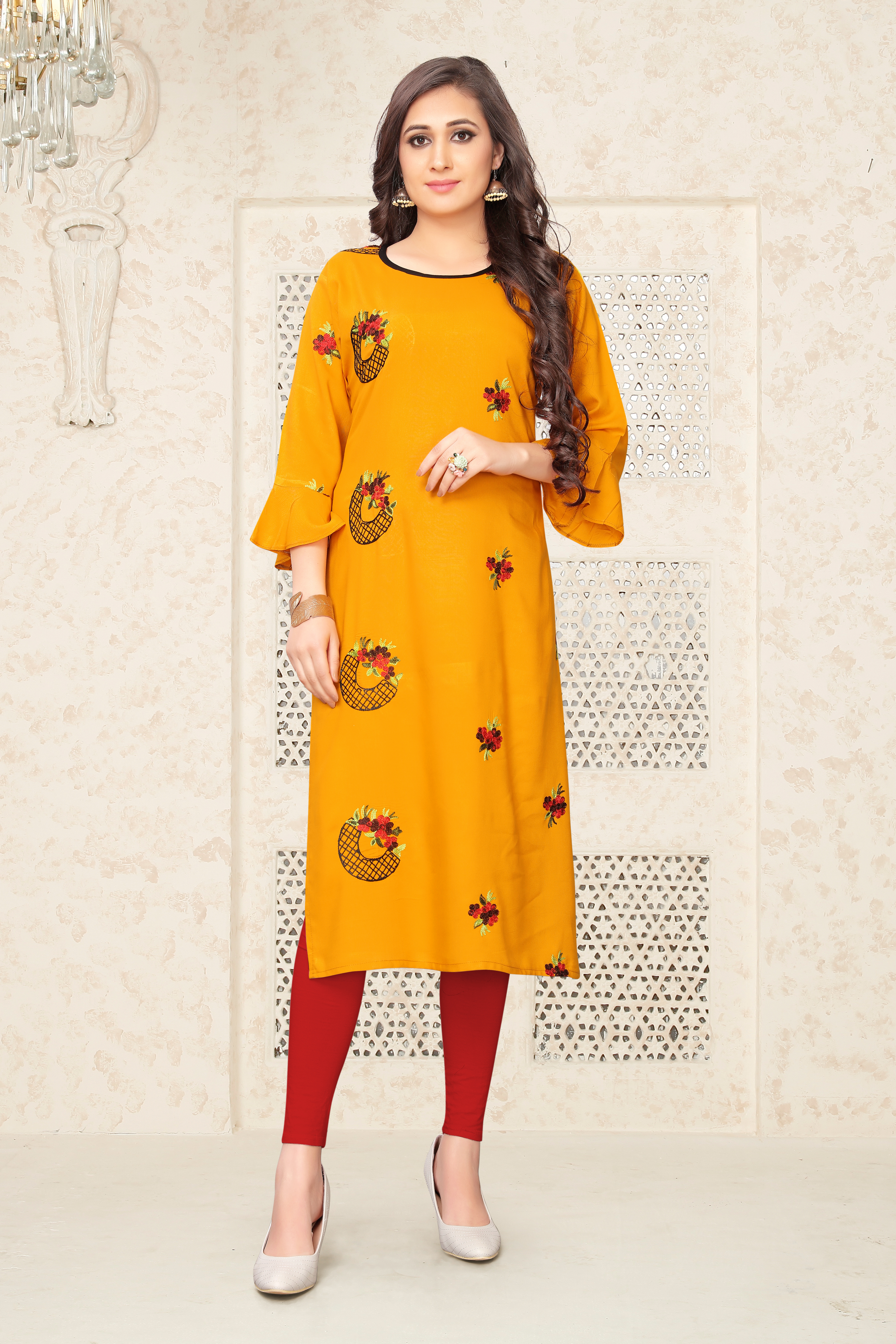 Kurti - Heavy Rayon Fabric, Length 44 Inch | Embroidered Pattern, Available In Black, Peach, Yellow, White, Grey, Navy Blue, 3-4th Sleeve Style, Sizes L-5xl