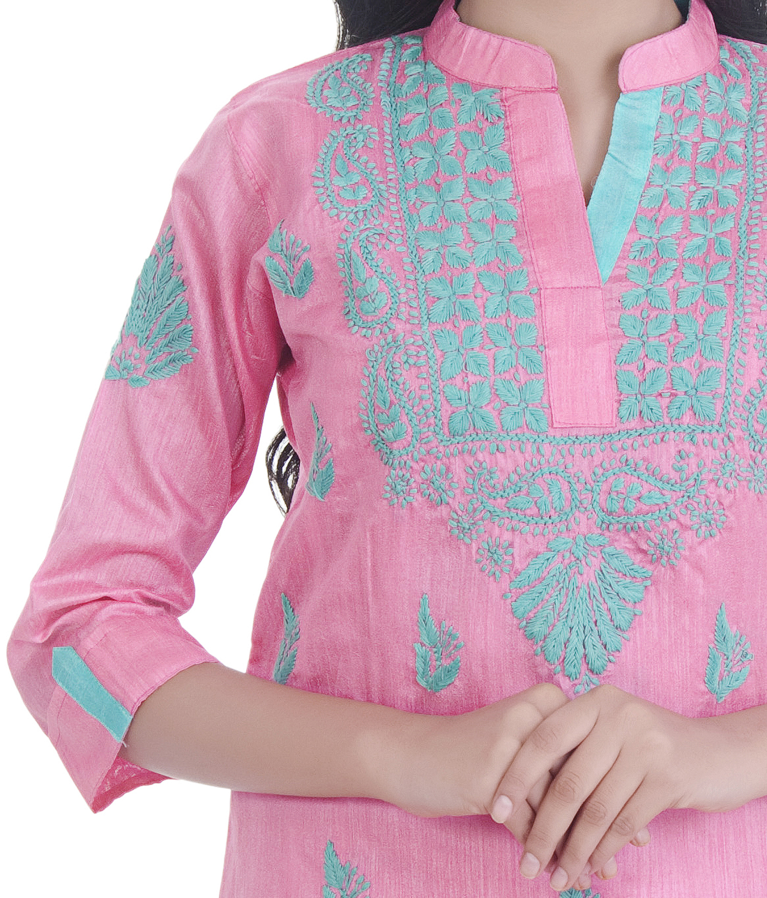 Lucknowi Chikan Kurti - Silk, Knee Length, 3/4 Sleeve, Pink | Hand-embroidered Design, Perfect For Formal And Informal Occasions