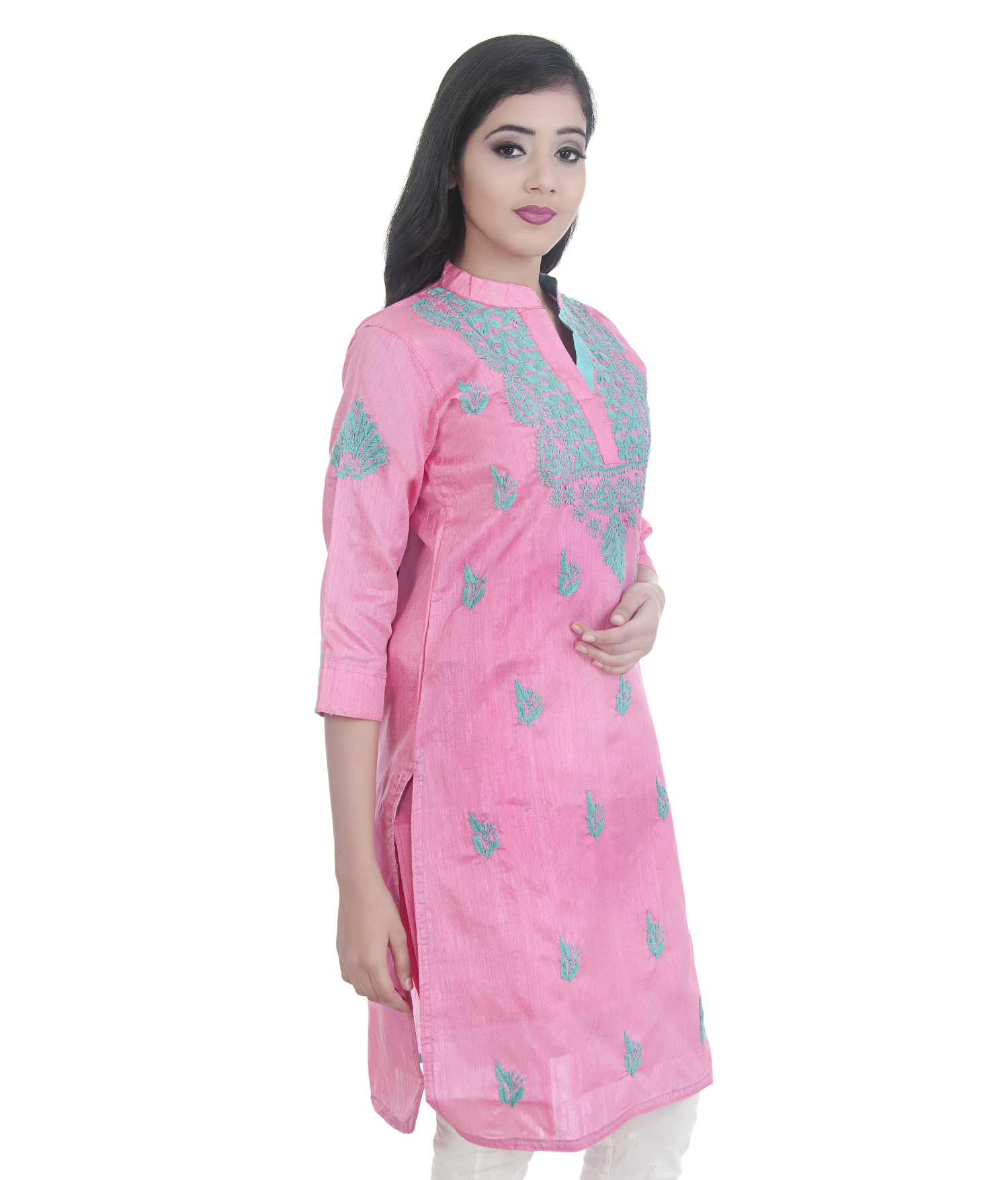 Lucknowi Chikan Kurti - Silk, Knee Length, 3/4 Sleeve, Pink | Hand-embroidered Design, Perfect For Formal And Informal Occasions