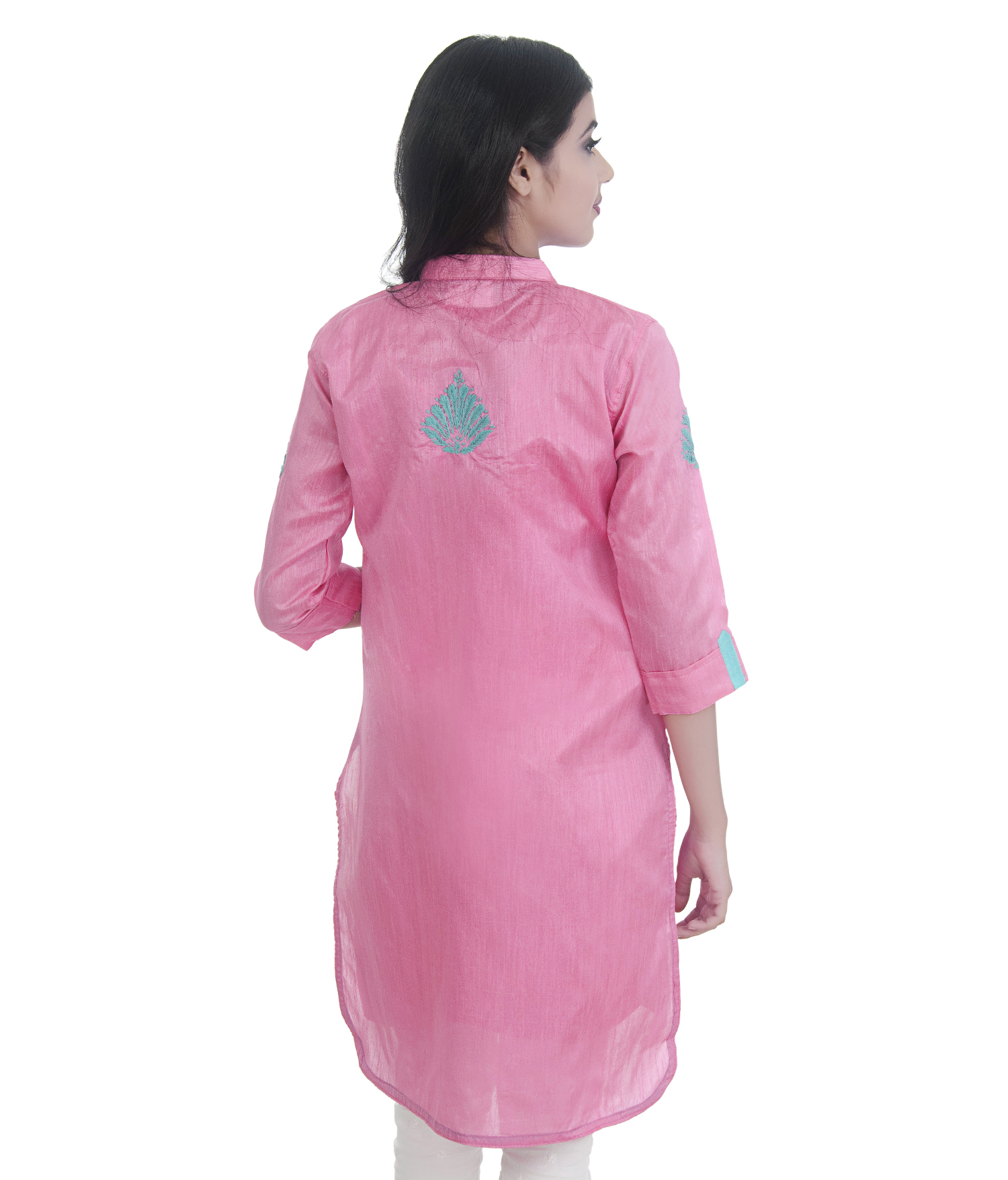 Lucknowi Chikan Kurti - Silk, Knee Length, 3/4 Sleeve, Pink | Hand-embroidered Design, Perfect For Formal And Informal Occasions