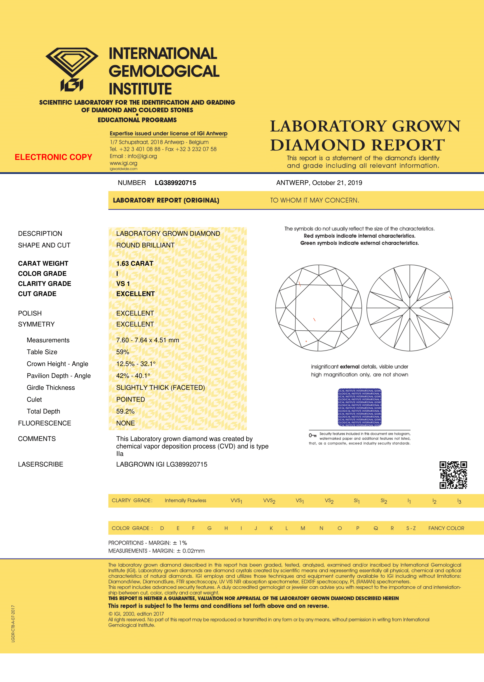 Cvd Diamond 1.63ct I Vs1 Round Brilliant Cut Igi Certified Stone