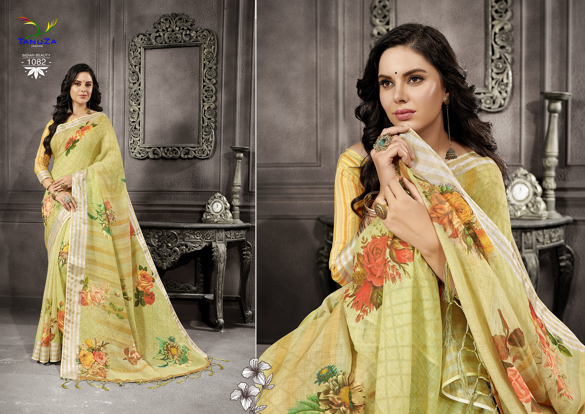 Yellow Linen Digital Print Saree