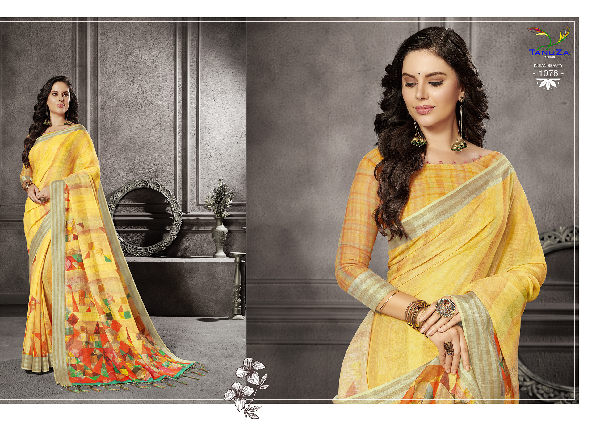 Yellow Linen Digital Print Saree