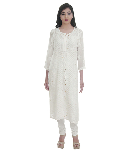 Lucknowi Chikan Kurti - Cotton Fabric, 3/4 Sleeve, Embroidered Design | Ideal for Casual Wear, Hand Wash Care