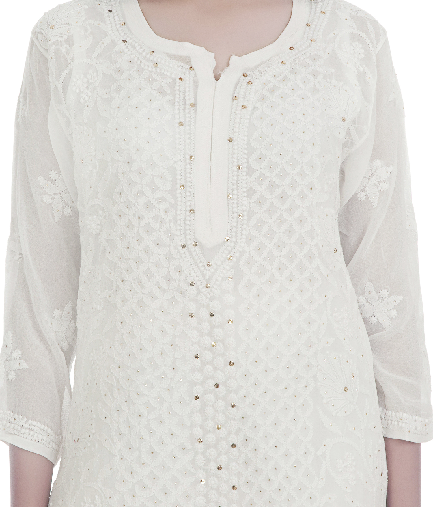 Lucknowi Chikan Kurti - Cotton Fabric, 3/4 Sleeve, Embroidered Design | Ideal For Casual Wear, Hand Wash Care
