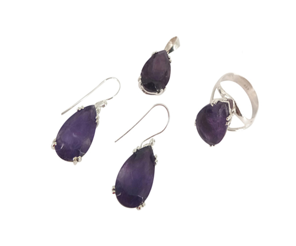 Amethyst 925 Sterling Silver Spiritual Gemstone Set - 13.1 Gms Weight Free Size Green Color Elegant Jewelry Design