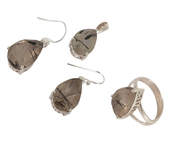 Pear Black Rutile 925 Silver Gemstone Jewelry Set