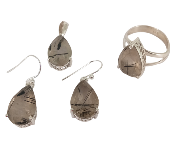 Pear Black Rutile 925 Silver Gemstone Jewelry Set