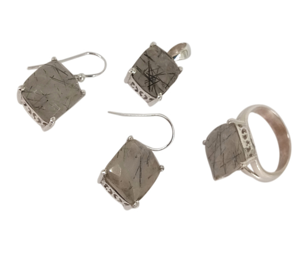 Spiritual Gemstone Set - 925 Sterling Silver, Black Rutile Gemstone Jewelry Set, Free Size, 16.7 Gms Weight