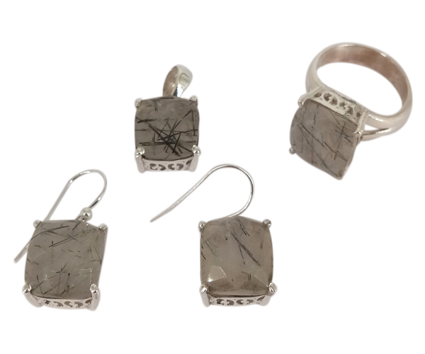 Spiritual Gemstone Set - 925 Sterling Silver, Black Rutile Gemstone Jewelry Set, Free Size, 16.7 Gms Weight