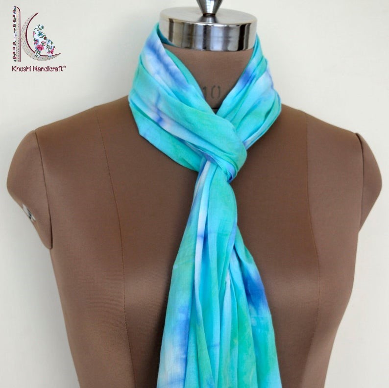 Tie Dye Stole - Cotton, 22x72" | Turquoise, Unisex Pashmina Style, Hand Made, Printed Pattern, Ideal For Prayer, Meditation, Evening, Daily Use, Lace Closure