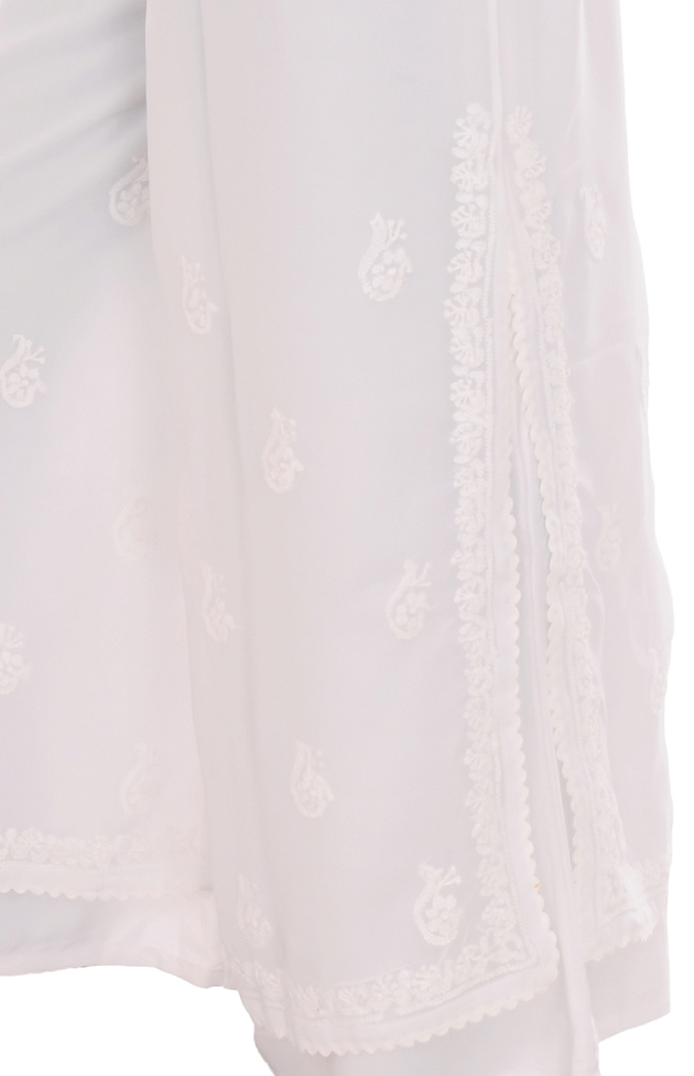 Chikan Georgette Plazzo - Georgette, Free Size, White | Hand-embroidered Floral Chikan Work, Elastic Waistband, Lightweight & Breathable