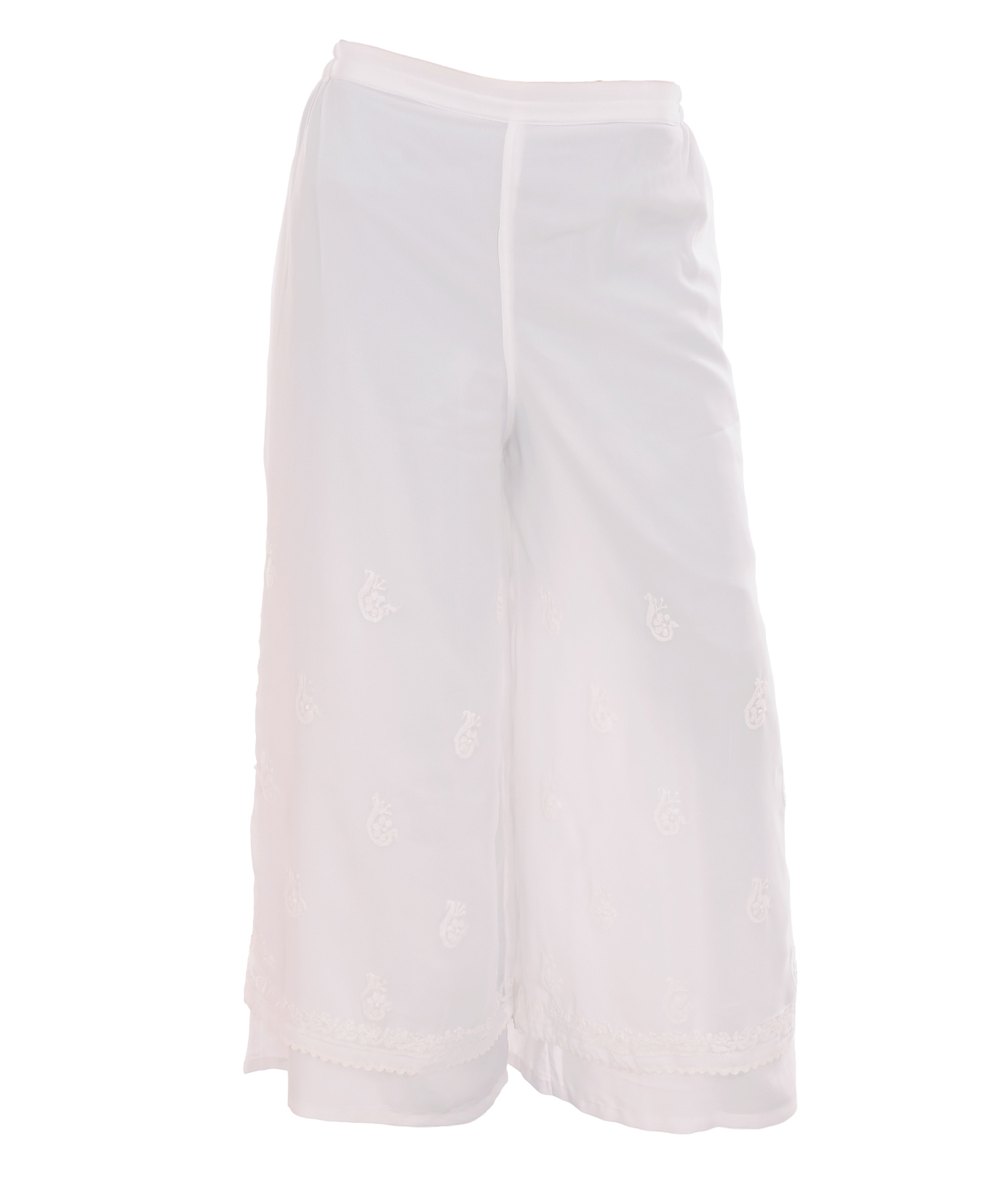 Chikan Georgette Plazzo - Georgette, Free Size, White | Hand-embroidered Floral Chikan Work, Elastic Waistband, Lightweight & Breathable