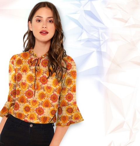 Ladies Top - Maslin Fabric, M (36), XL (40), Bell Shape Sleeves, 24 Inch Length, Casual Design, Washable, Ethnic Indian Style, Customized Logo, Printed Decoration Material