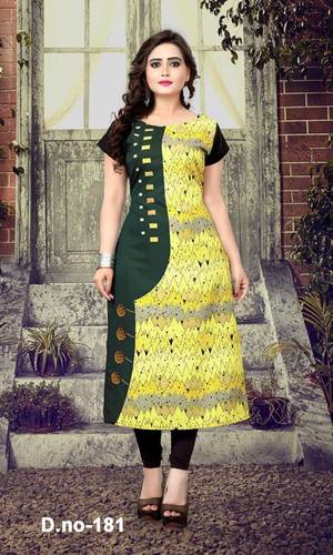 Kurti - Soft Crepe, M(38)/L(40)/XL(42)/XXL(44)/XXXL(46), Multi Color, Length: 44 inch, Digital Print, Short Sleeve, Ethnic Style, Washable, All Seasons