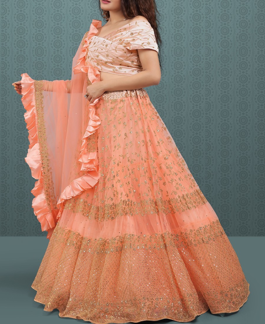 Classy Peach Net Sequence Embroidered Ruffle Lehenga Decoration Material: Sequins