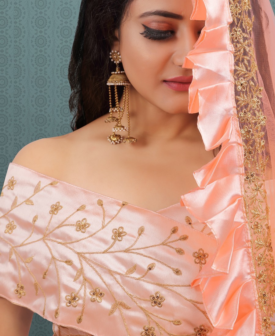 Classy Peach Net Sequence Embroidered Ruffle Lehenga Decoration Material: Sequins