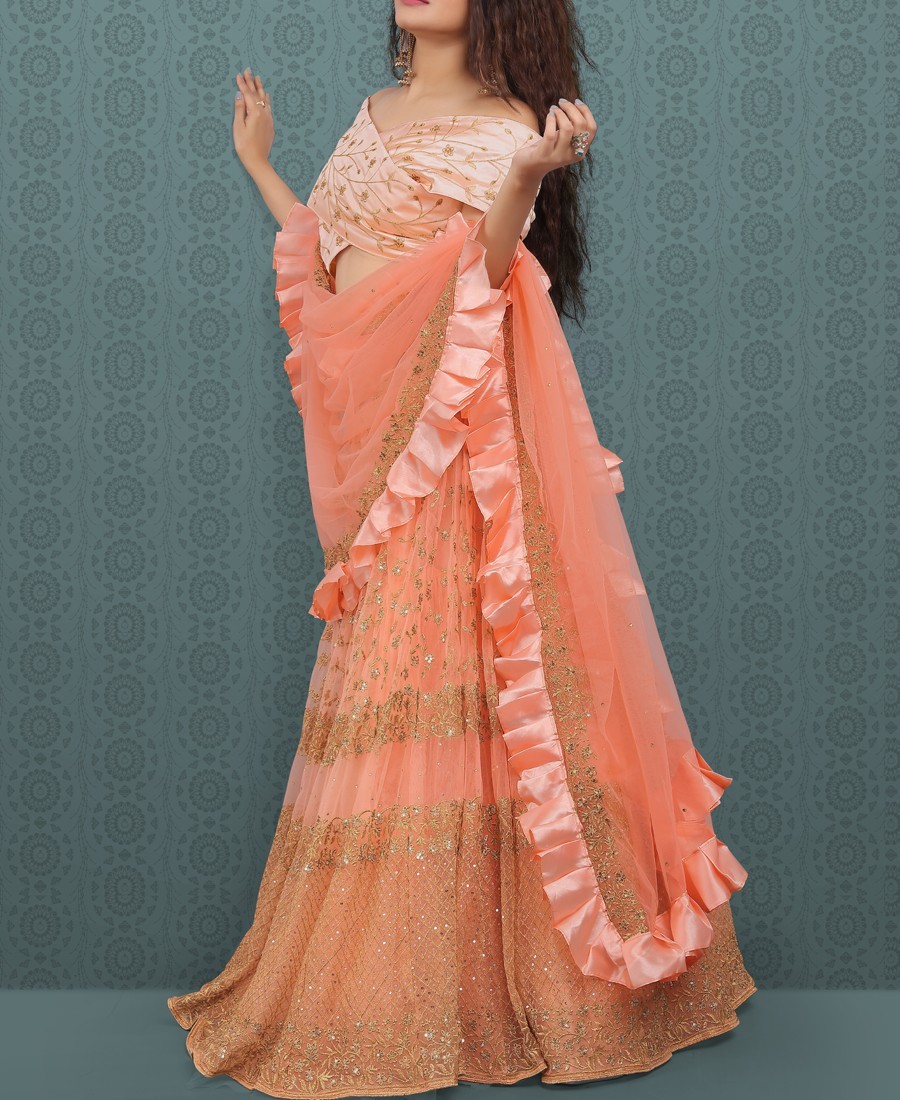 Classy Peach Net Sequence Embroidered Ruffle Lehenga Decoration Material: Sequins