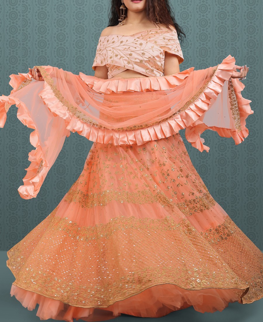 Classy Peach Net Sequence Embroidered Ruffle Lehenga Decoration Material: Sequins