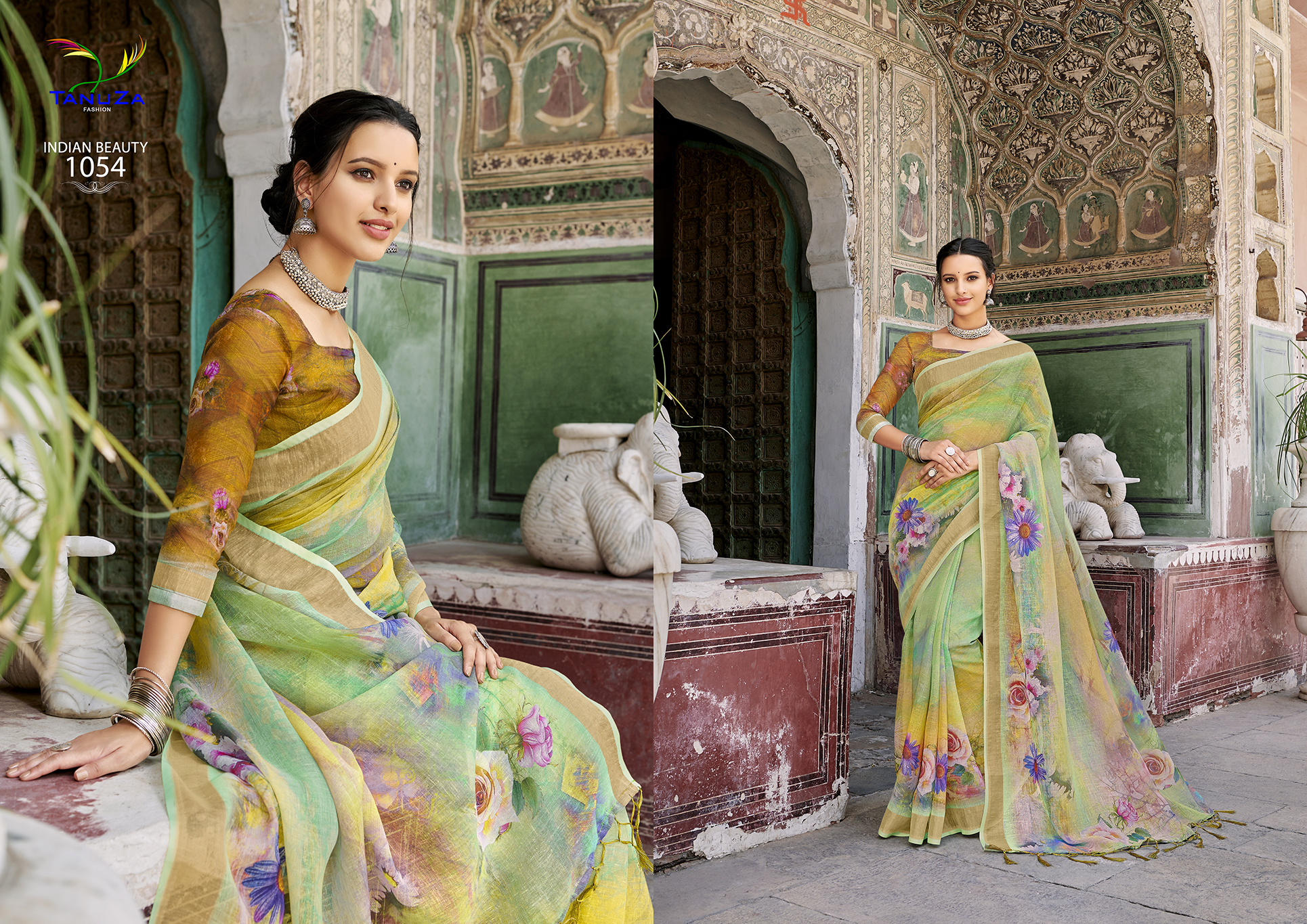 Yellow Linen Saree With Digital Print