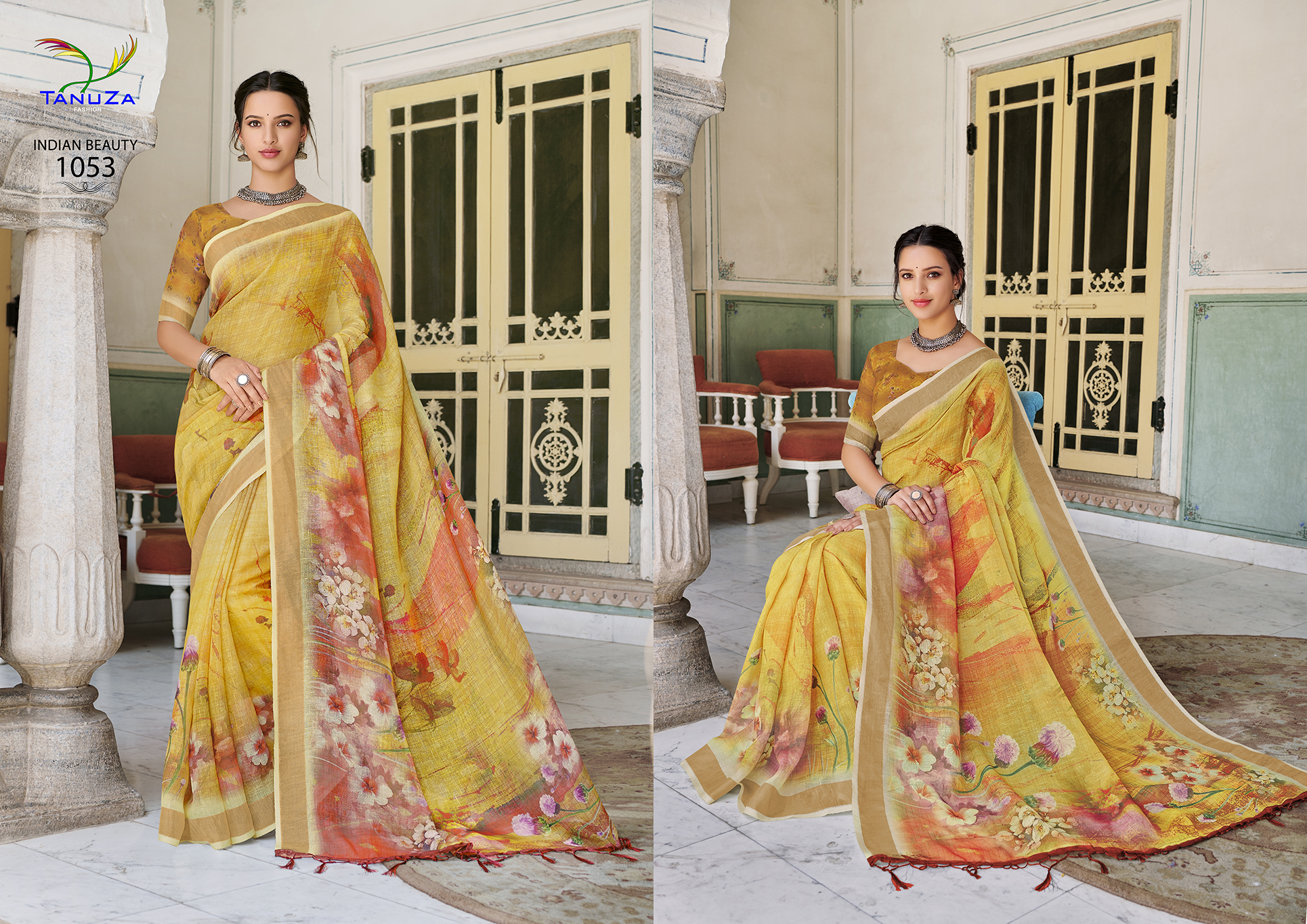 Yellow Linen Saree With Digital Print
